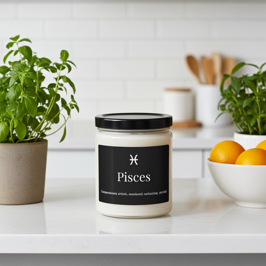 Candle labeled 'Pisces' on a kitchen counter with plants and a bowl of fruit in the background.