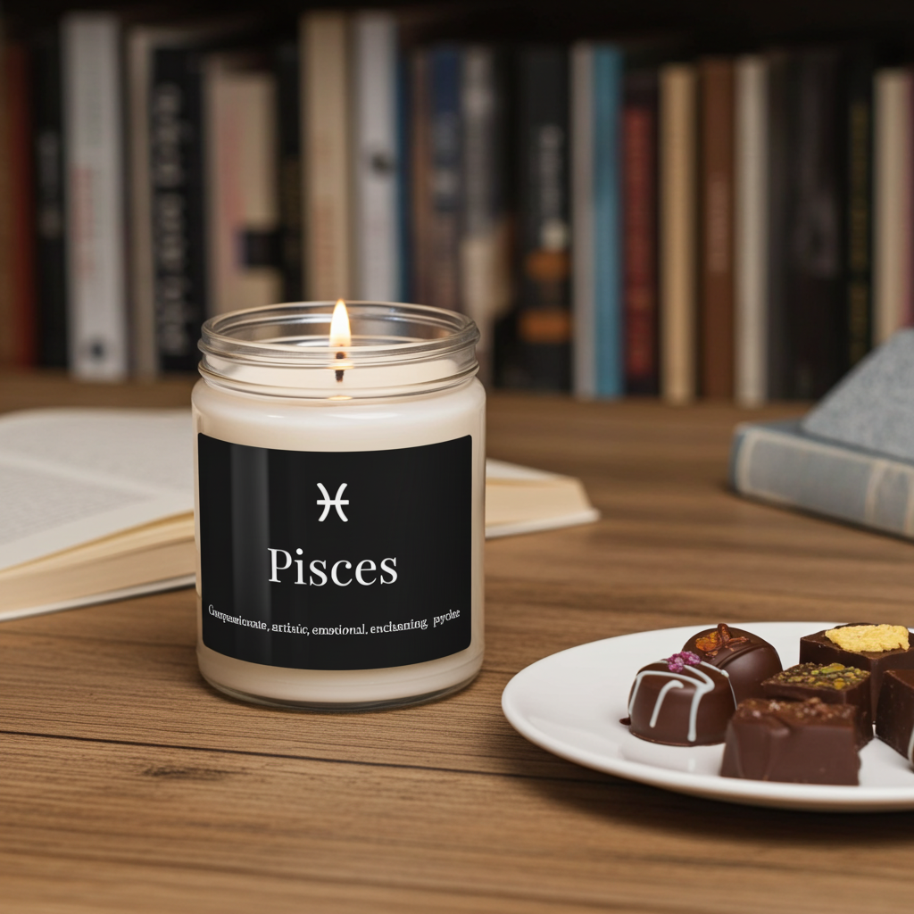 Candle labeled 'Pisces' on a wooden surface with a plate of chocolates and books in the background