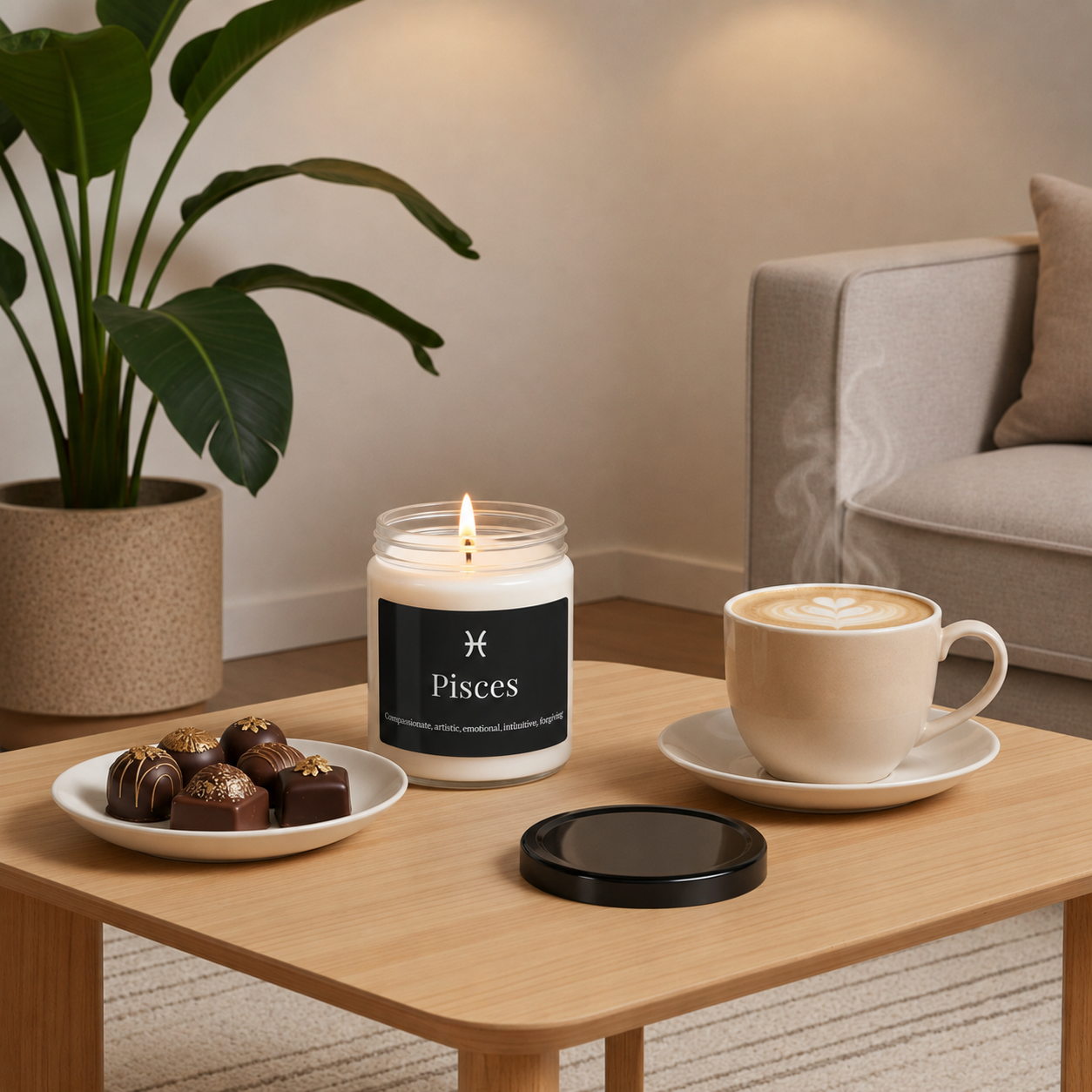 Candle labeled 'Pisces' with a cup of coffee and cookies on a table in a cozy living room.