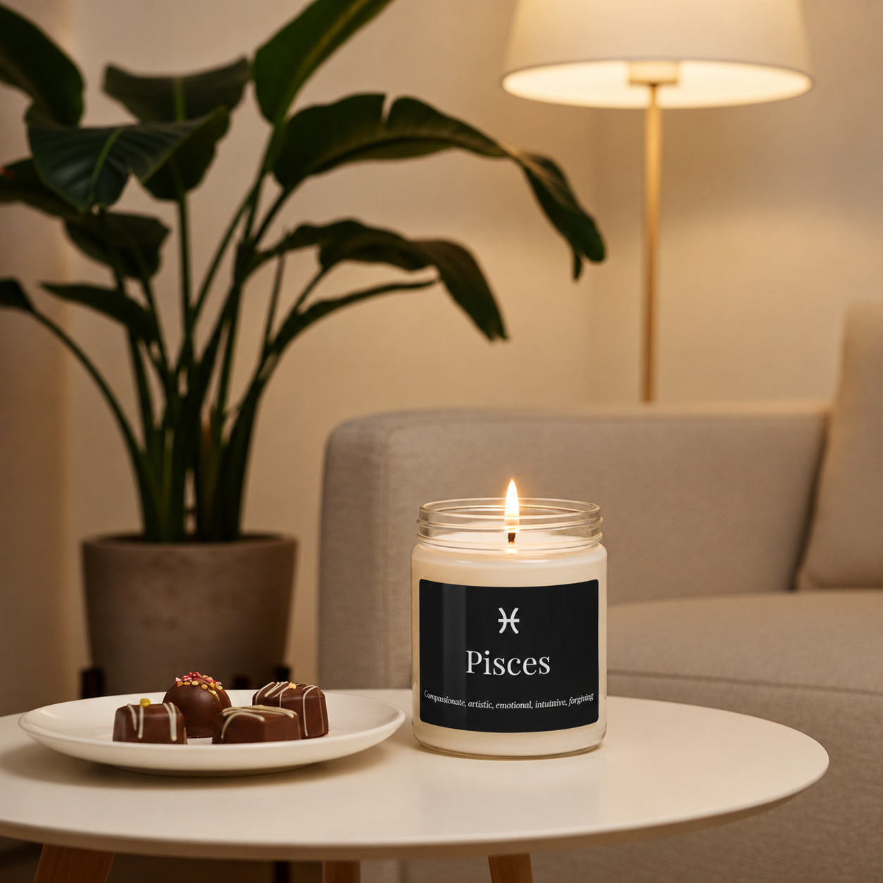 Candle labeled 'Pisces' on a table with chocolates and a plant in the background