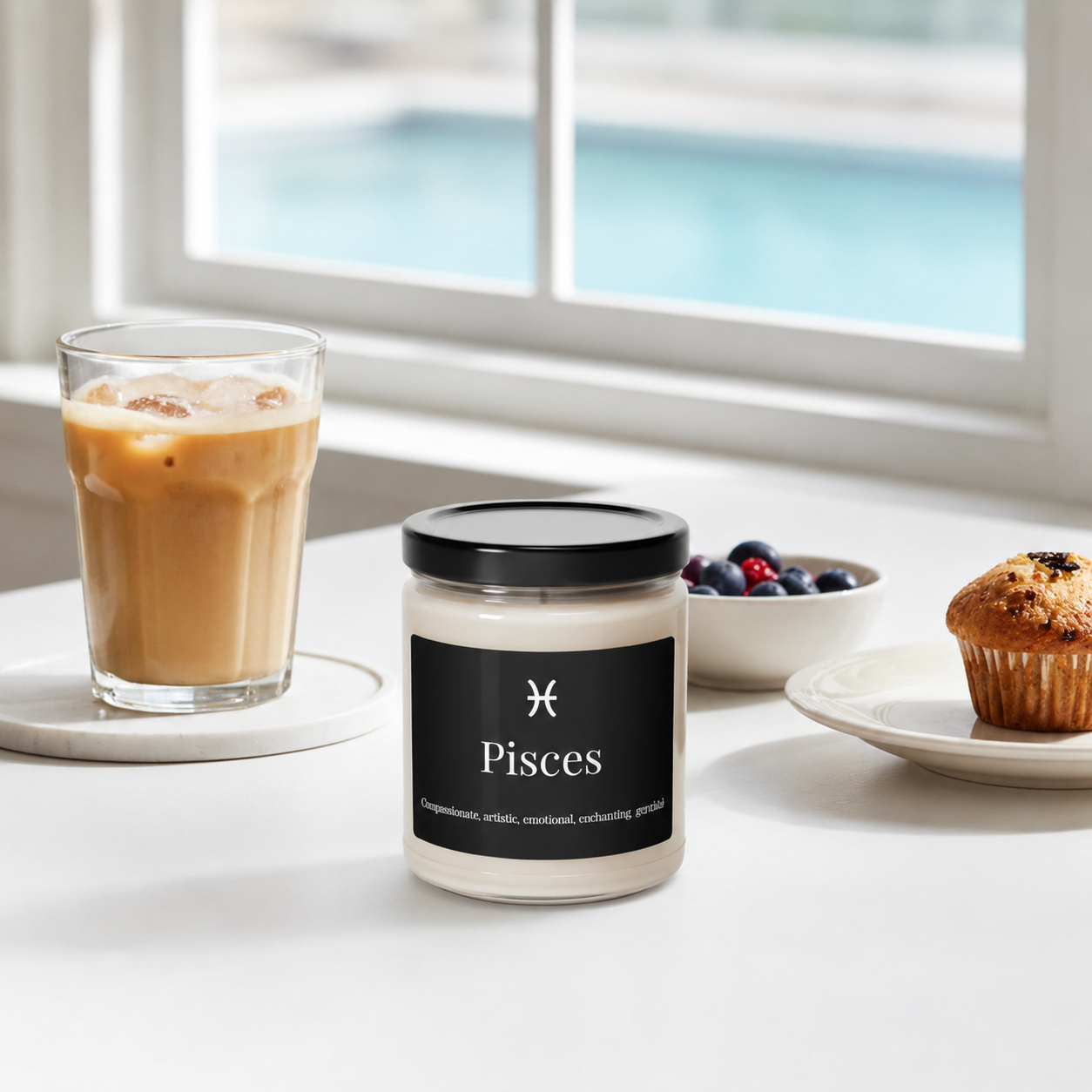 A jar candle labeled 'Pisces' sits on a white table by a window, styled with an iced coffee, a bowl of berries, and a muffin. The candle jar has a black label with a white logo and text, and a black lid.