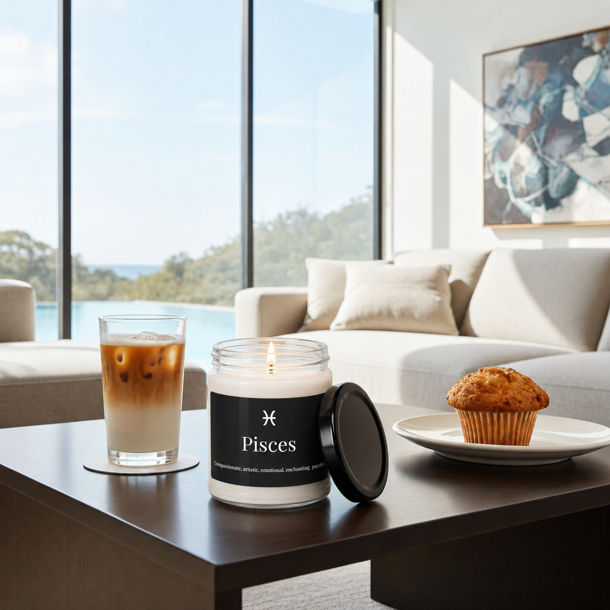 A lit candle in a clear glass jar with a black lid leaning beside it on a dark coffee table. The candle label reads 'Pisces' with a Pisces symbol.