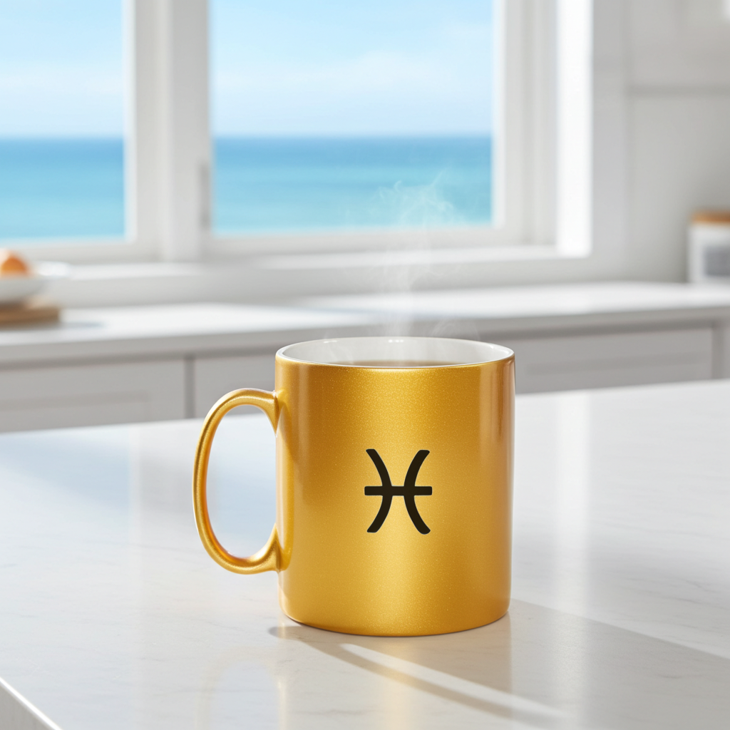 Gold mug with a black symbol on a white surface with a window view of the ocean.