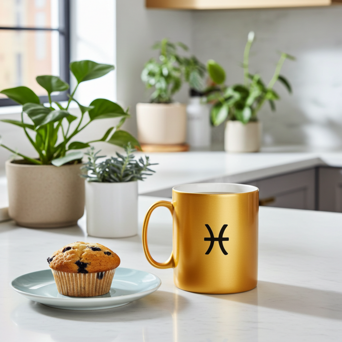 Gold mug with a Pisces symbol on a kitchen counter with plants and a muffin.