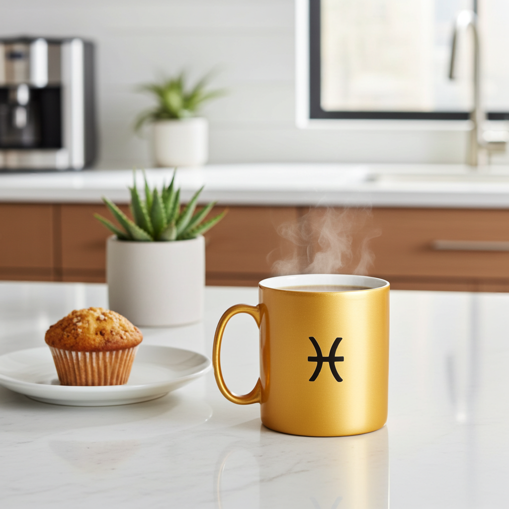 Gold mug with a Pisces symbol on a kitchen counter with a muffin and plant.