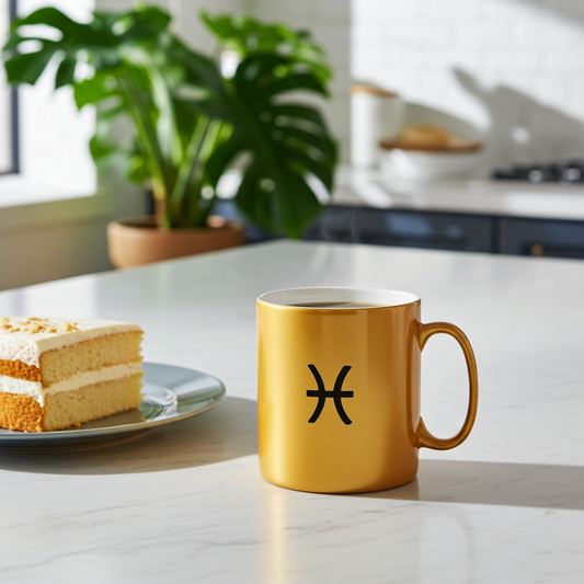 Gold mug with a  Pisces symbol on a kitchen counter next to a slice of cake