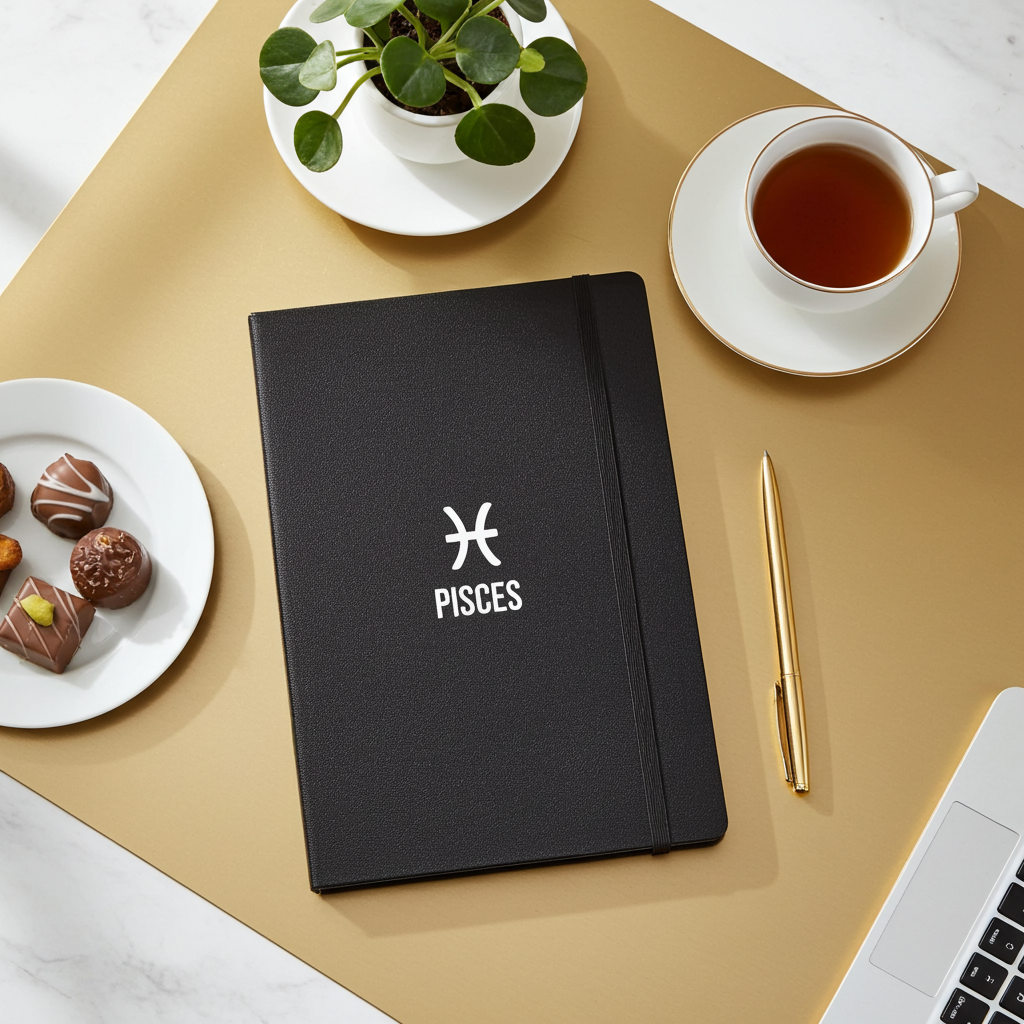 Black notebook with 'Pisces' symbol on a beige surface with tea, pastries, and a plant.