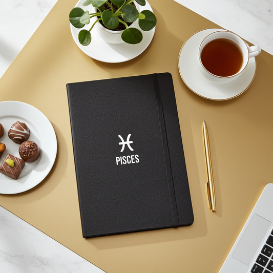 Black notebook with 'Pisces' symbol on a beige surface with tea, pastries, and a plant.