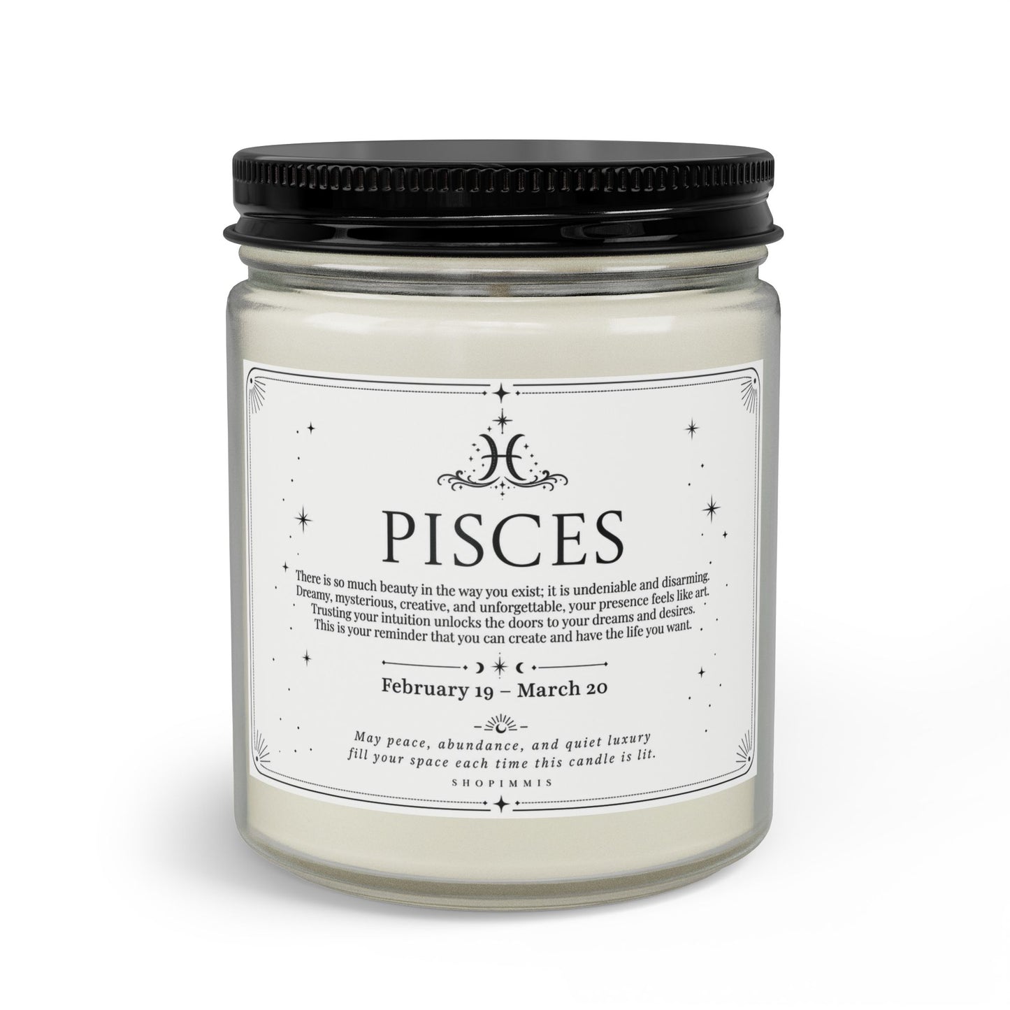 Candle jar with a label indicating 'Pisces' on a white background
