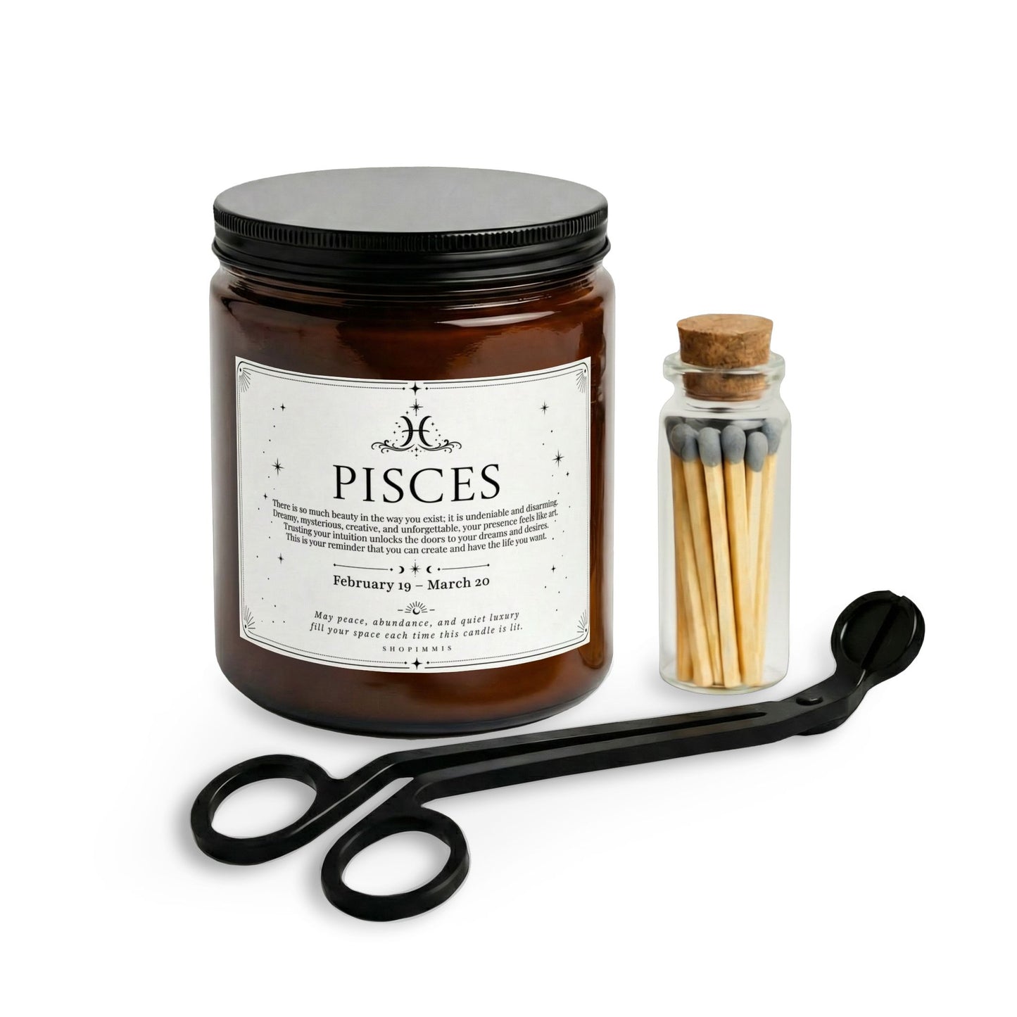 Candle labeled 'Pisces' with matches and scissors on a white background