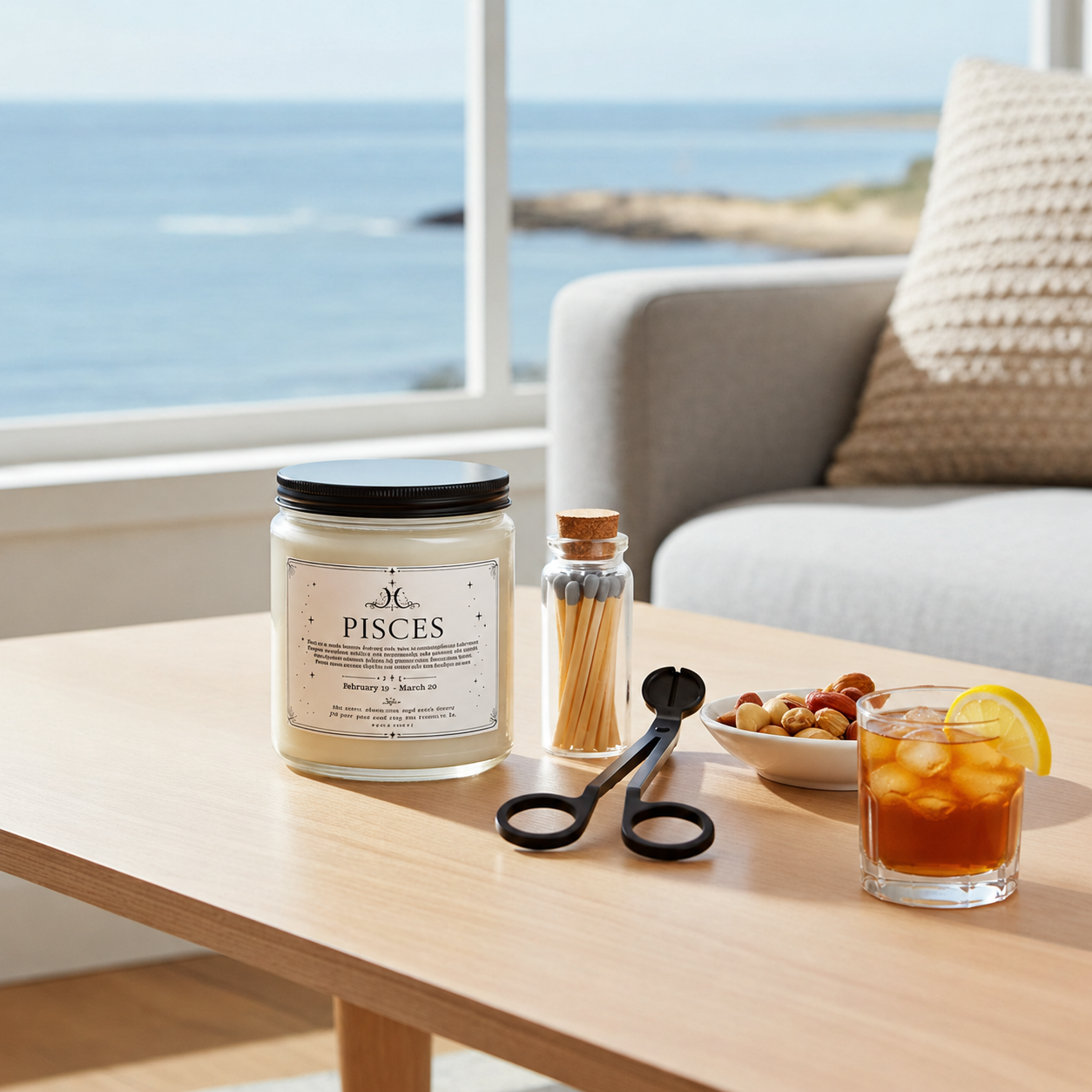 Candle labeled 'Pisces' on a table with a scenic view of water and sky.
