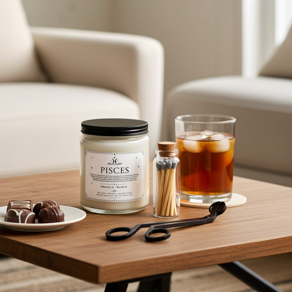Candle labeled 'Pisces' on a table with a glass of iced tea, matches, and chocolates.