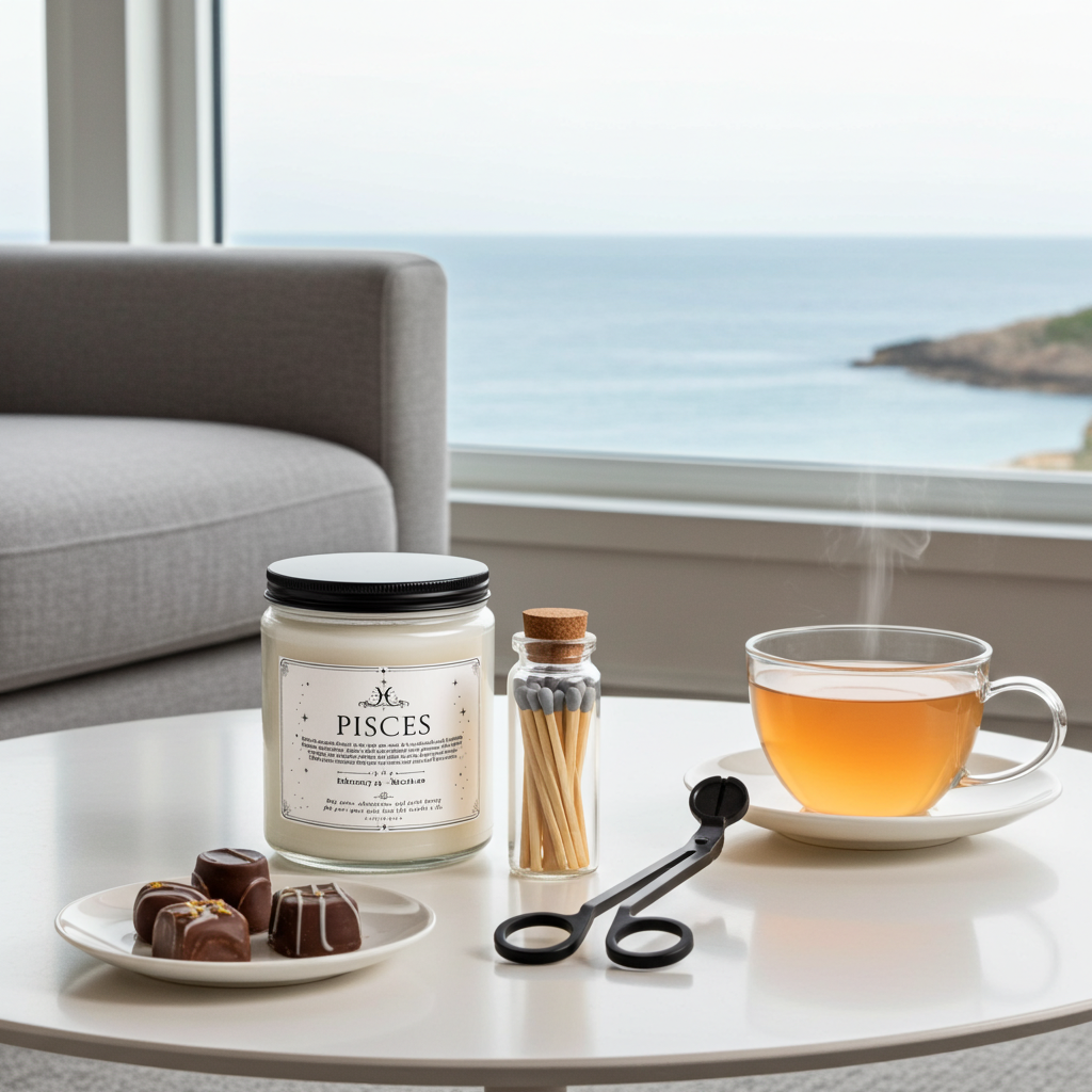 Candle labeled 'Pisces' with a cup of tea and snacks on a table by a window with a view of water.