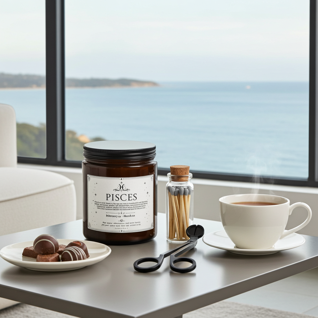 Candle labeled 'Pisces' on a table with a cup of tea and snacks, overlooking a scenic view.