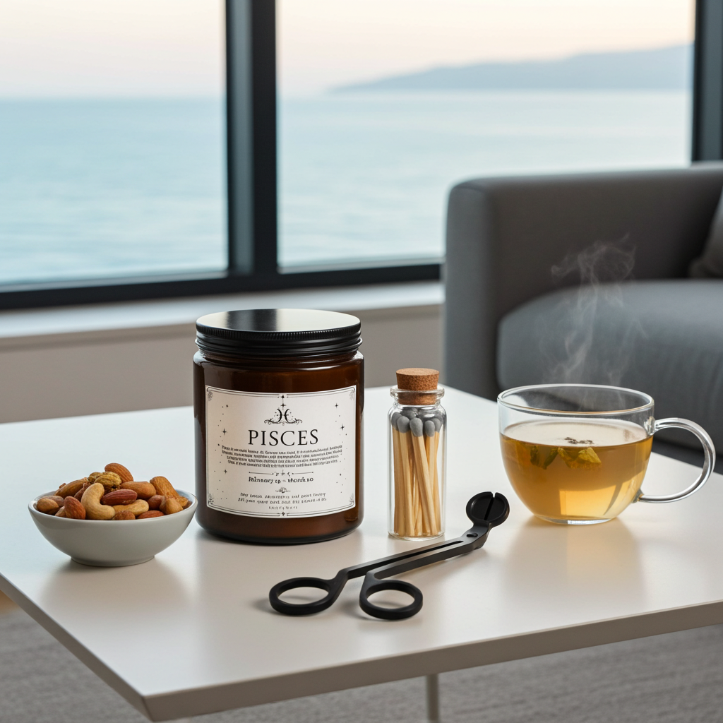 Candle labeled 'Pisces' on a table with a cup of tea, bowl of nuts, and other items, with a window view in the background.