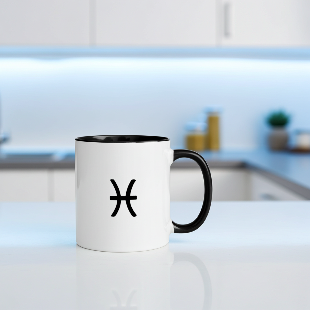 White mug with black handle and black Pisces symbol on a kitchen counter
