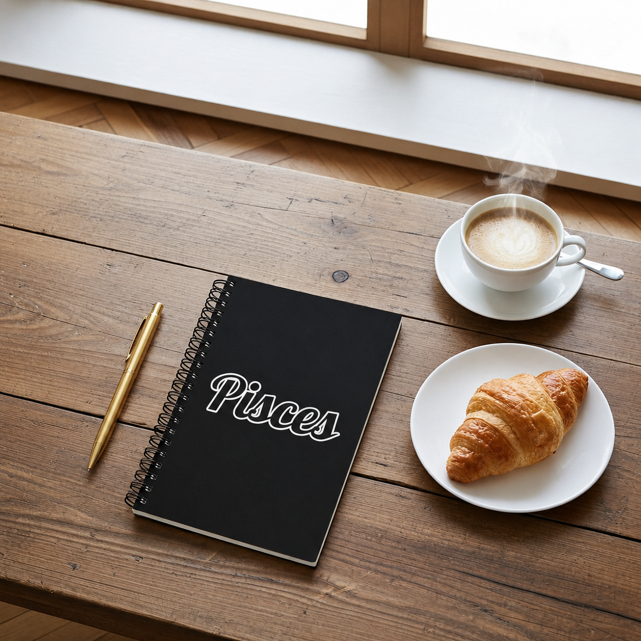 Notebook with 'Pisces' on a wooden table with a cup of coffee and croissant.