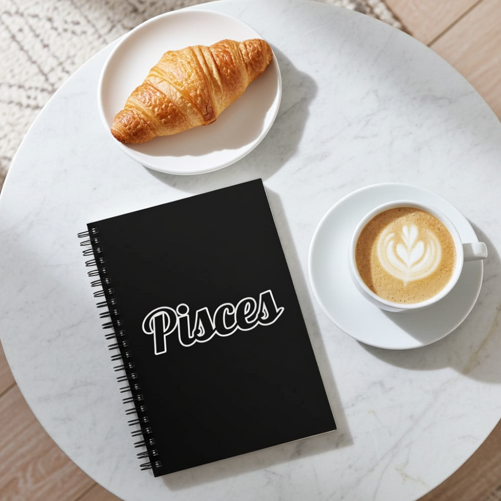 Black notebook with 'Pisces' on a marble table with a croissant and coffee.