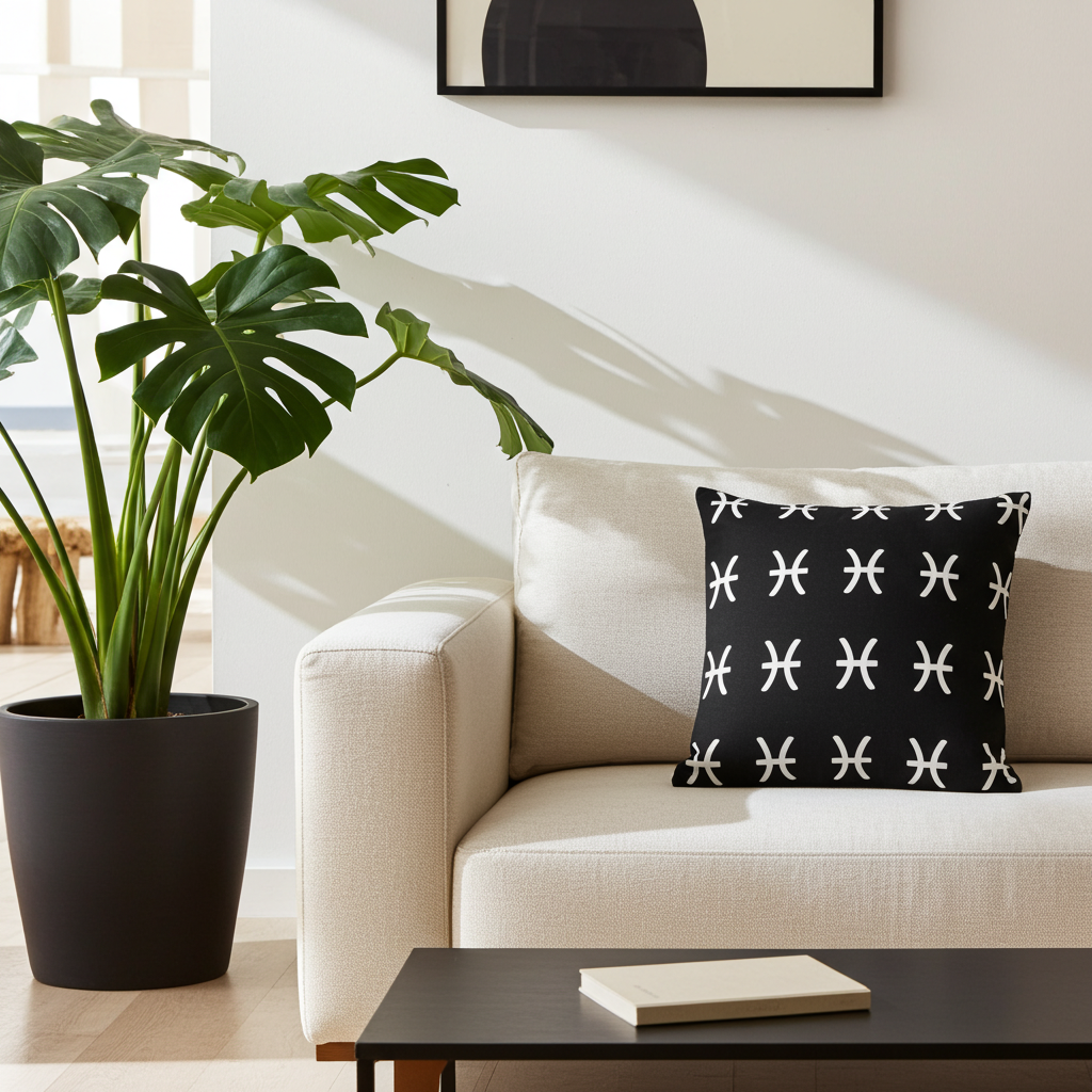 Beige sofa with a black pillow featuring white pisces patterns, next to a potted plant in a bright living room.