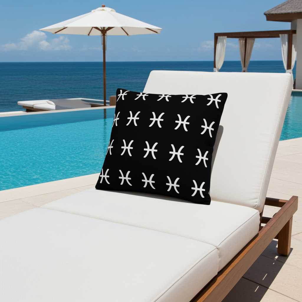 Black pillow with white Pisces patterns on a white lounge chair by a pool with ocean view