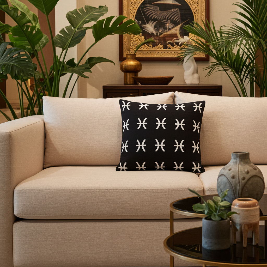 Beige sofa with a black pillow featuring white pisces patterns, surrounded by plants and decor.
