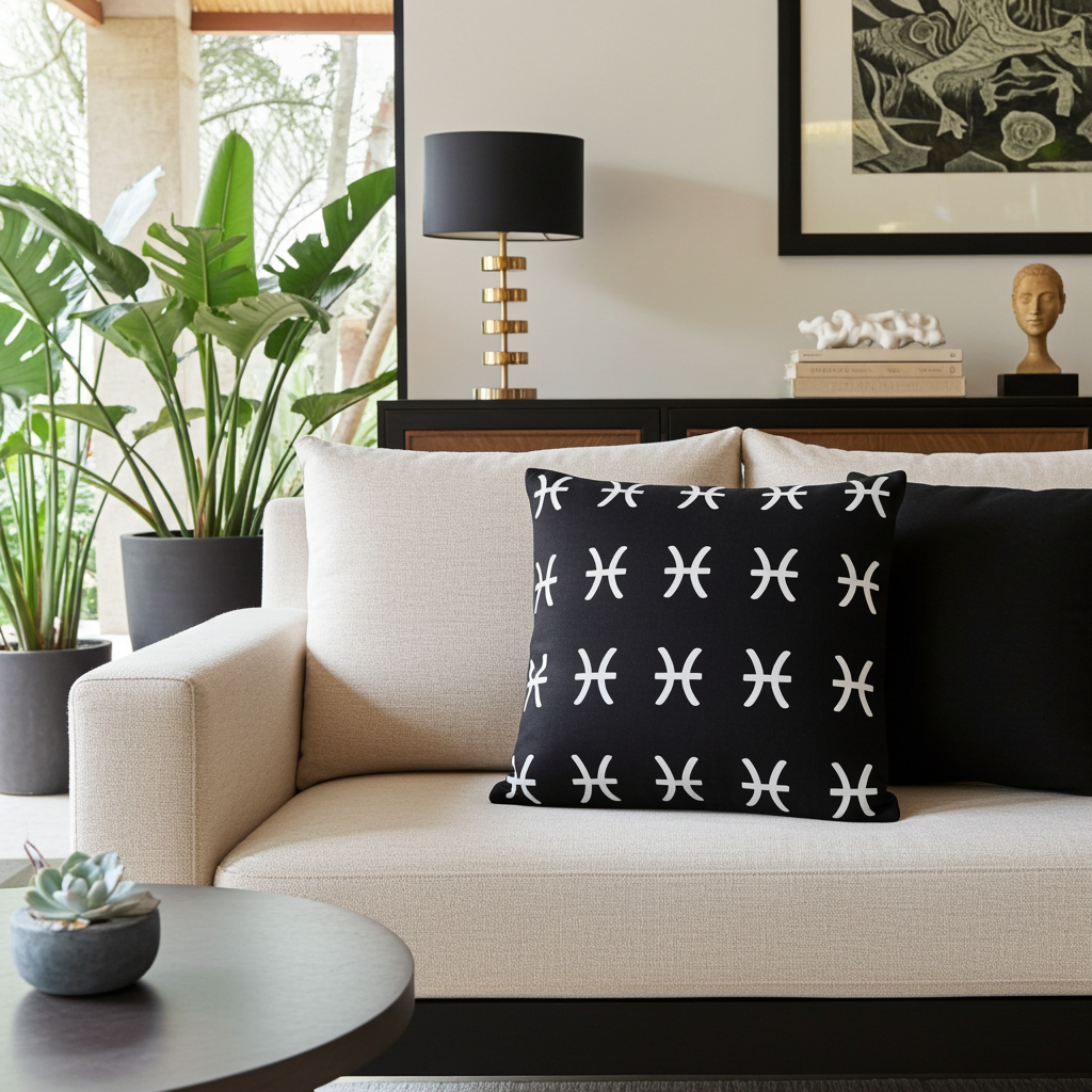 Living room with a beige sofa, decorative pisces pillow, and plants.