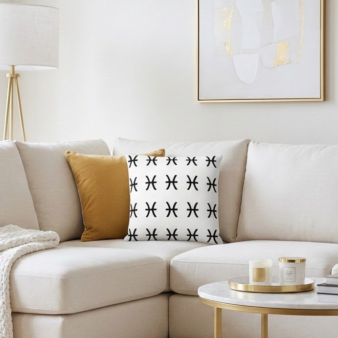 A modern beige sectional sofa in a bright, minimalist living room, styled with a mustard yellow pillow, a black and white patterned accent pillow, a white knit throw blanket, and a round marble-top coffee table with a gold metal frame.