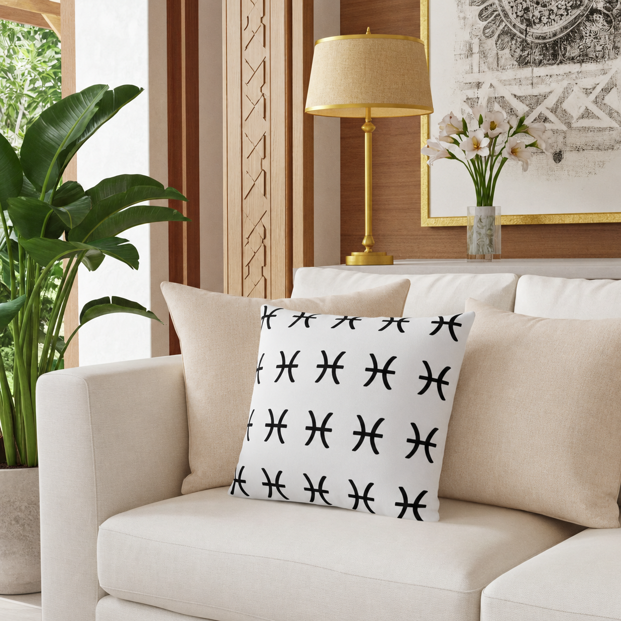 Decorative pillow with black Pisces pattern on a beige sofa in a living room setting.