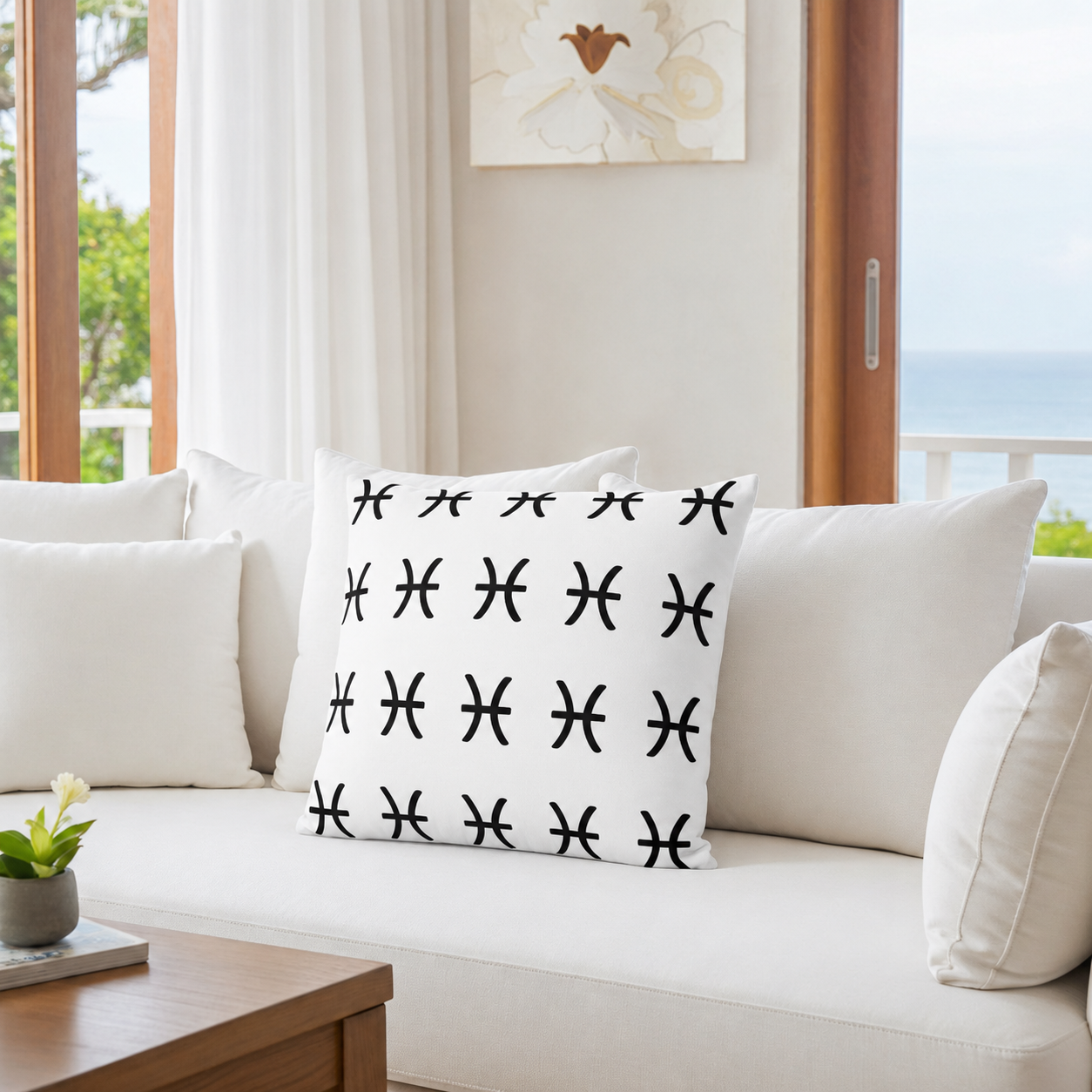 White pillow with black pisces pattern on a beige sofa in a bright room with large windows.