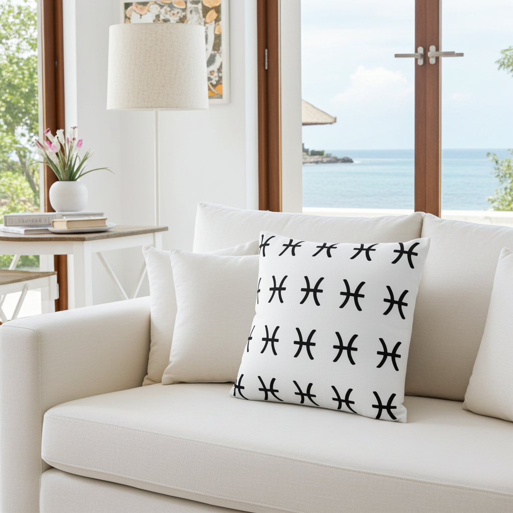 White sofa with a decorative pillow featuring black pisces patterns, in a room with large windows overlooking water.