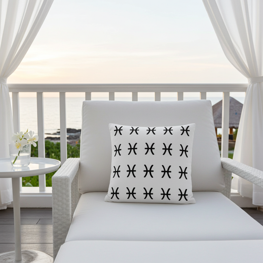 White cushion with black Pisces pattern on a white chair on a balcony.