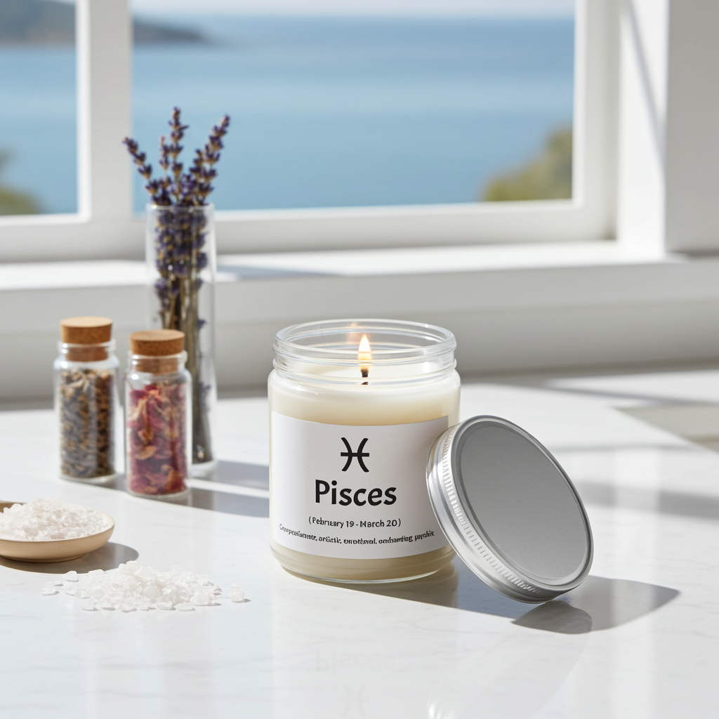 Candle labeled 'Pisces' with a window and lavender in the background