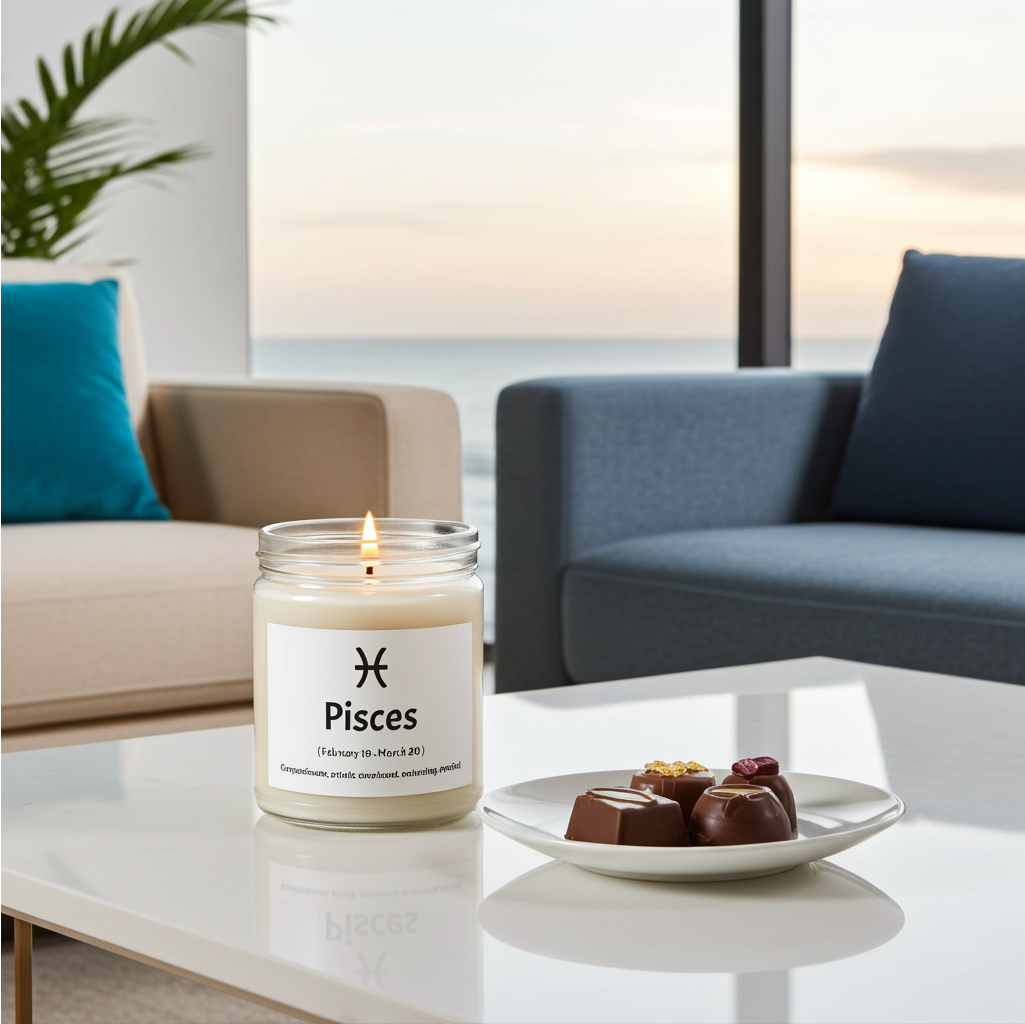 Candle labeled 'Pisces' on a table with desserts in a modern living room.