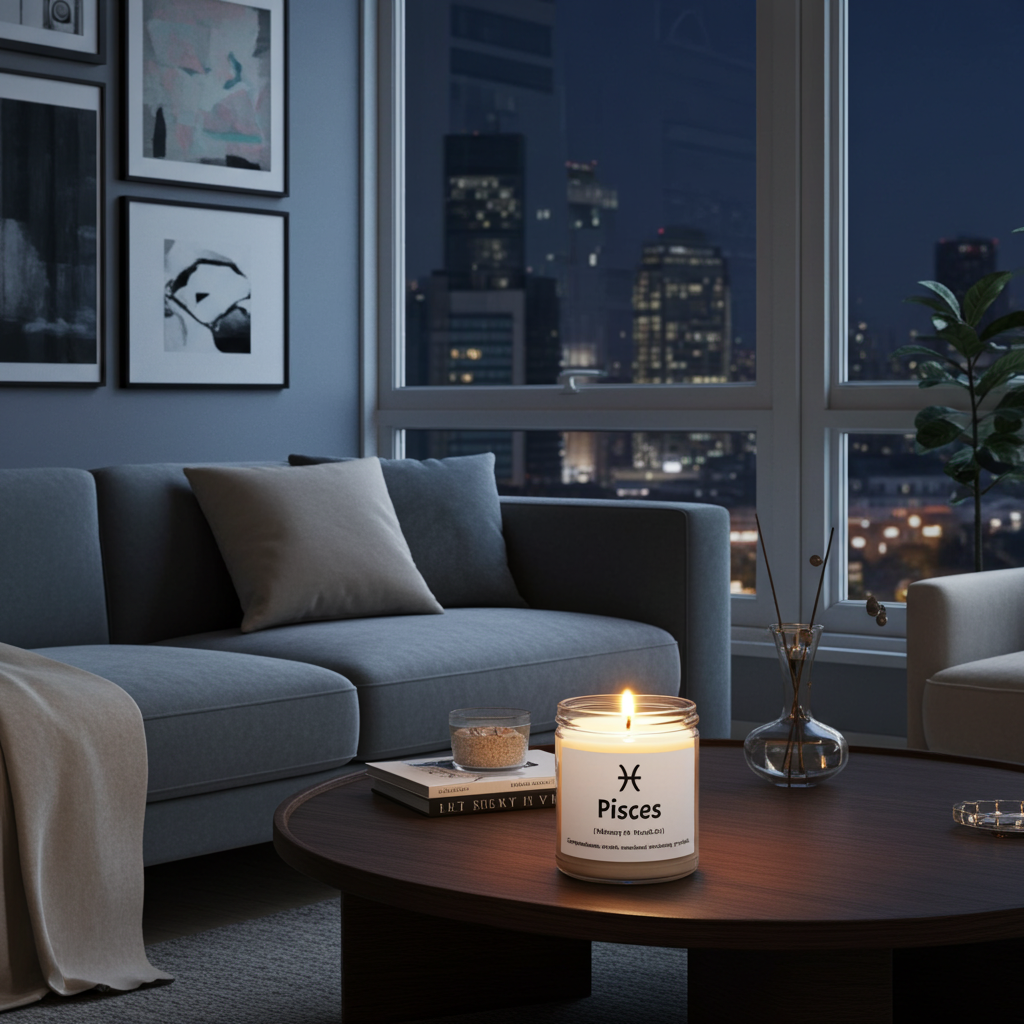 A lit candle in a glass jar sits on a round wooden coffee table in a modern living room. The candle label reads 'Pisces' with a symbol above it.