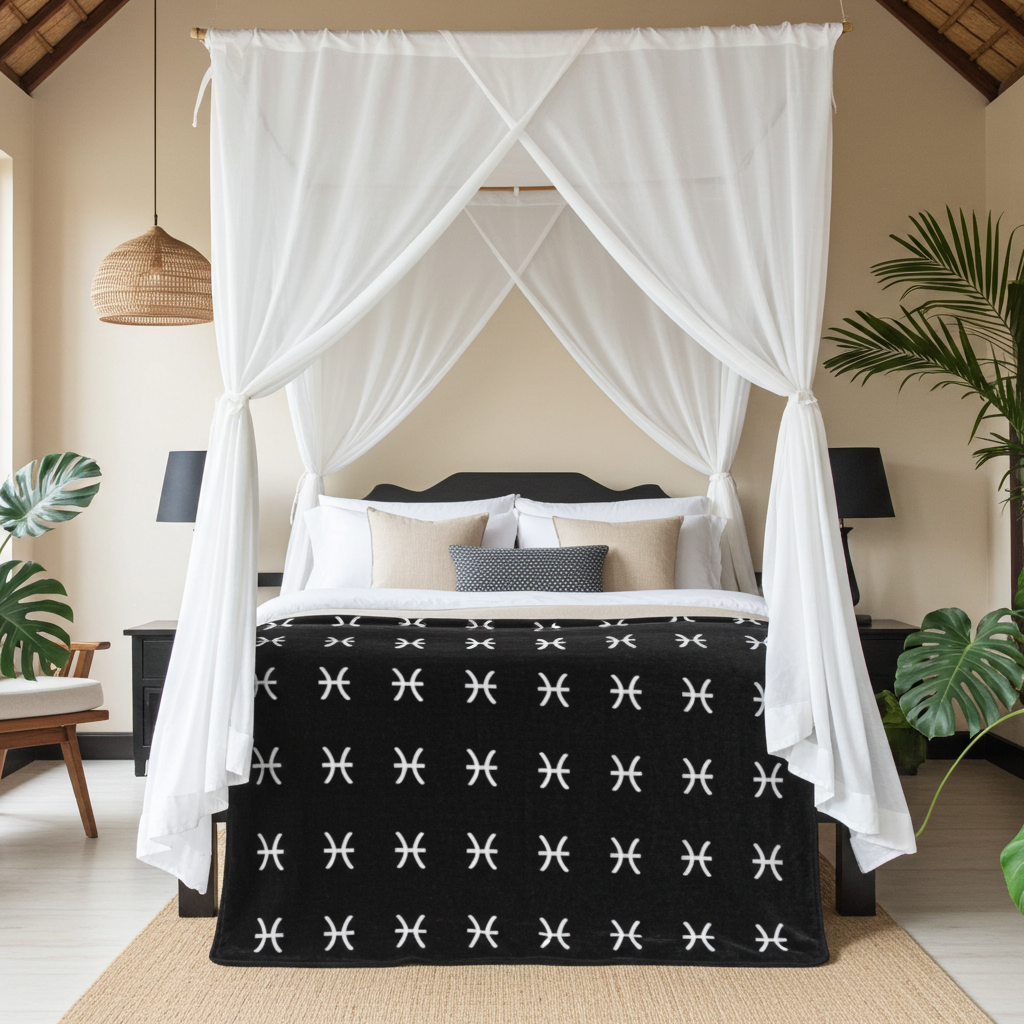 Bed with black and white Pisces patterned bedding in a bedroom setting with white curtains and plants.
