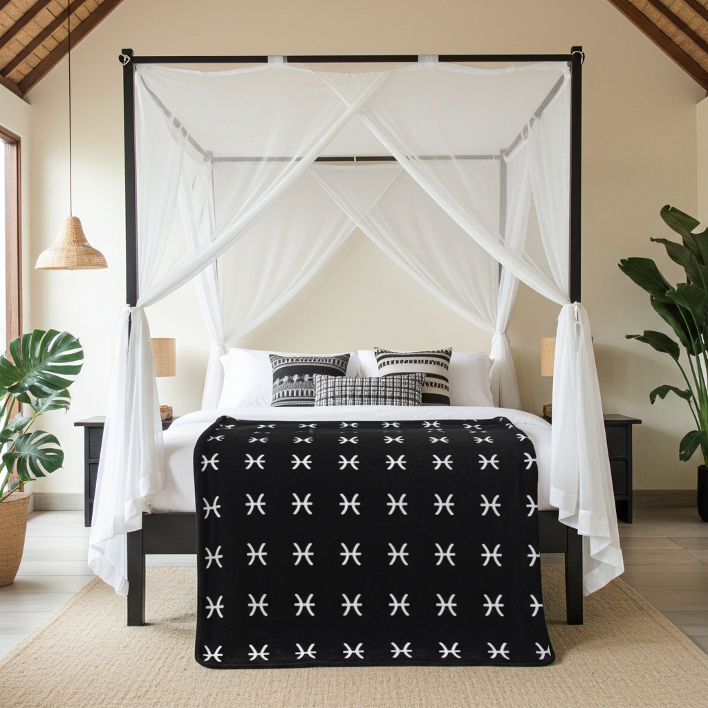 Four-poster bed with canopy in a bedroom setting, featuring a black blanket with white Pisces patterns.