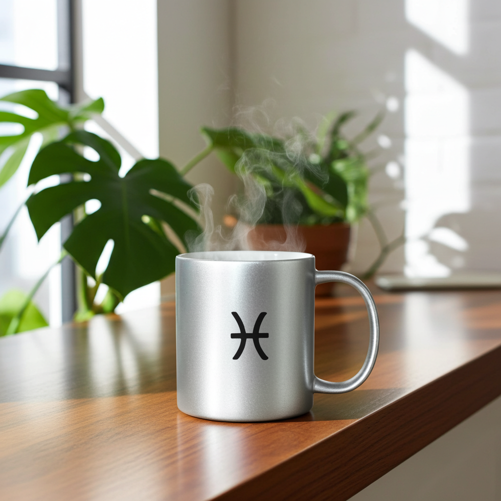Silver mug with a black symbol on a wooden surface with plants in the background