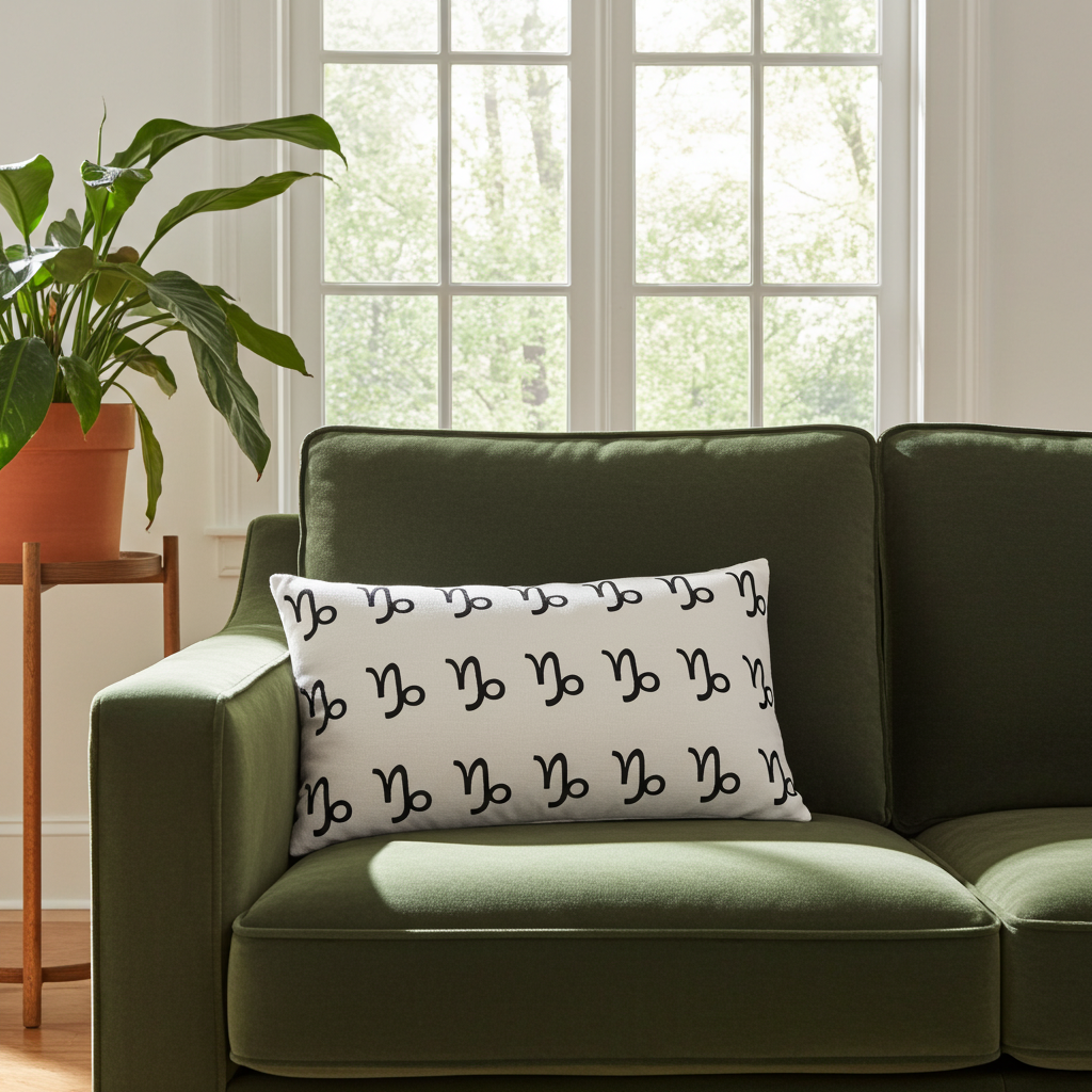 Green sofa with a decorative pillow featuring a black capricorn symbols in a room with a window and plant.