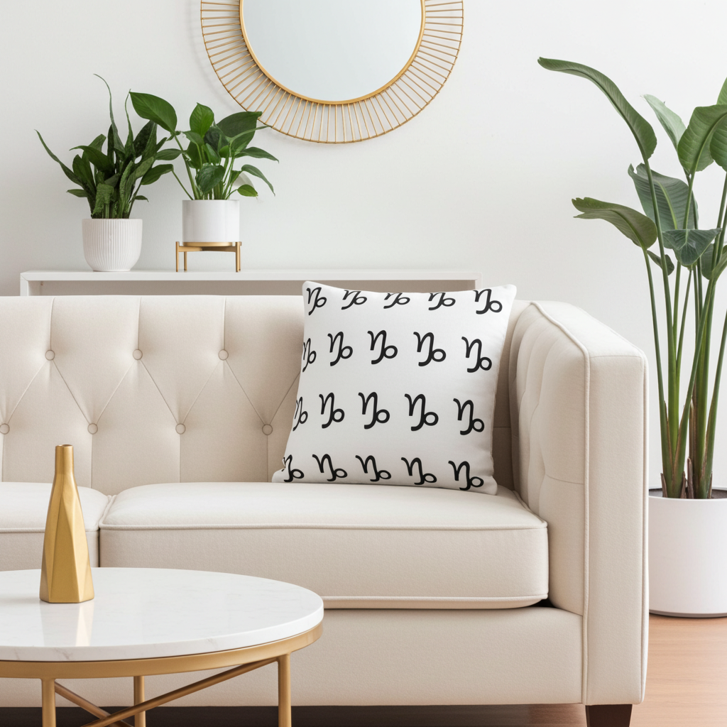 Decorative Capricorn pillow, small round table, and potted plants in a living room setting.