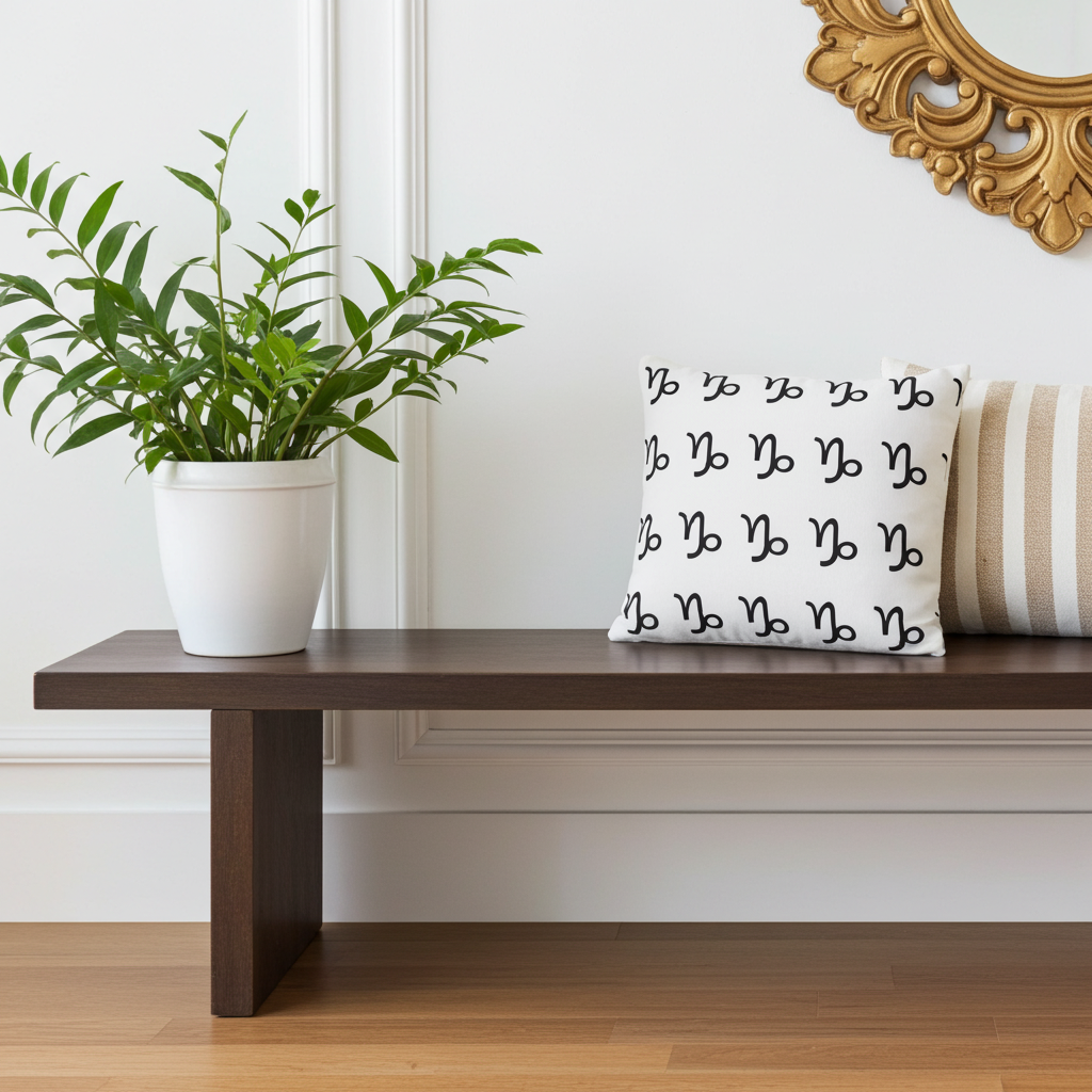 Wooden bench with a potted plant and decorative capricorn pillow against a white wall.
