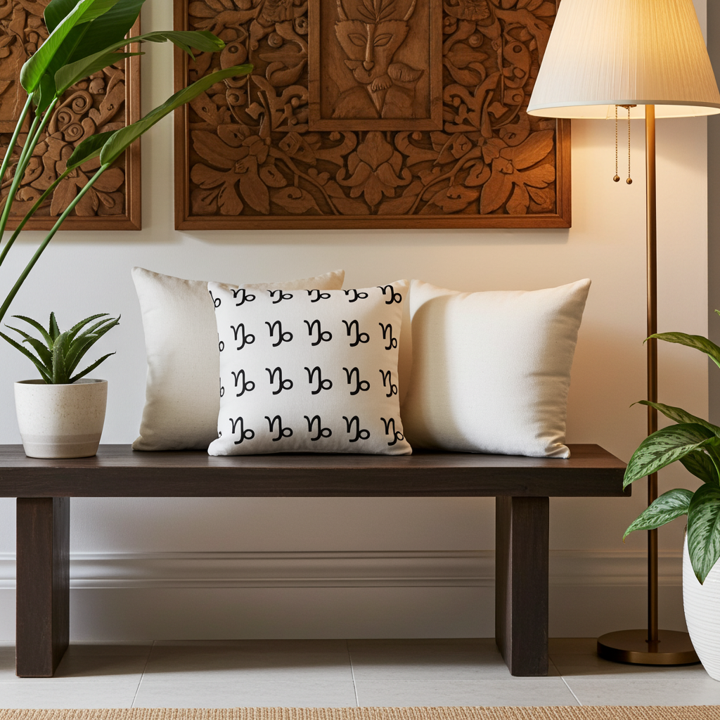 Decorative capricorn pillow on a wooden bench with a lamp and wall art in the background