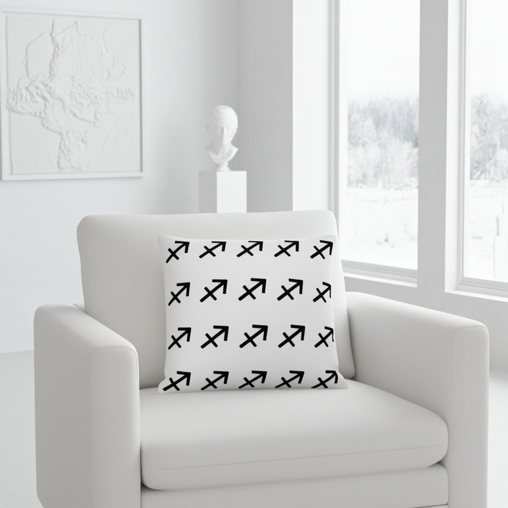 White armchair with a decorative pillow featuring black Sagittarius  patterns in a modern room.