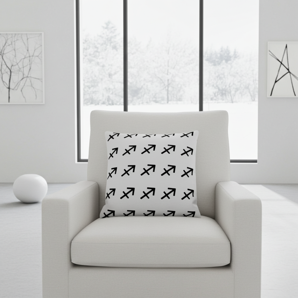 White armchair with a decorative pillow featuring black Sagittarius patterns, set against a snowy window backdrop.