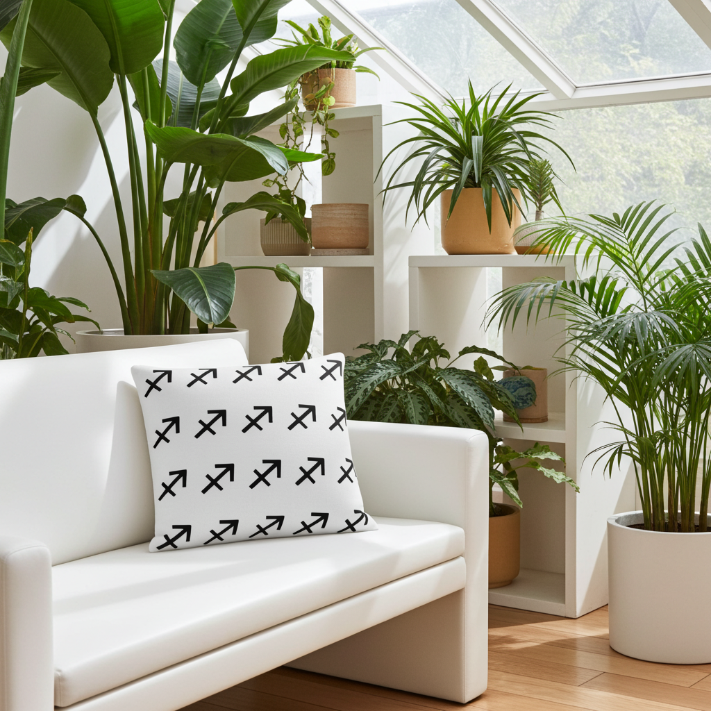 White sofa with a decorative sagittarius pillow in a room filled with potted plants.