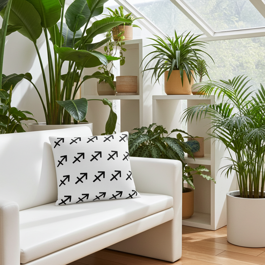 White sofa with a decorative sagittarius pillow in a room filled with potted plants.