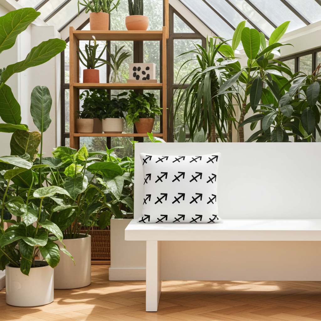 Indoor setting with plants and a sagittarius decorative pillow featuring black arrows on a white background.