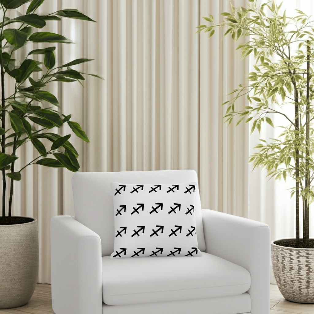 White armchair with a decorative sagittarius pillow featuring black patterns, placed in a room with beige curtains and potted plants.
