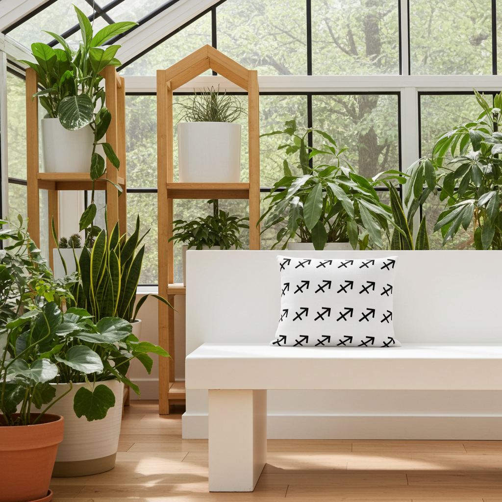 White bench with a black and white sagittarius patterned pillow in a room with plants and wooden shelves.