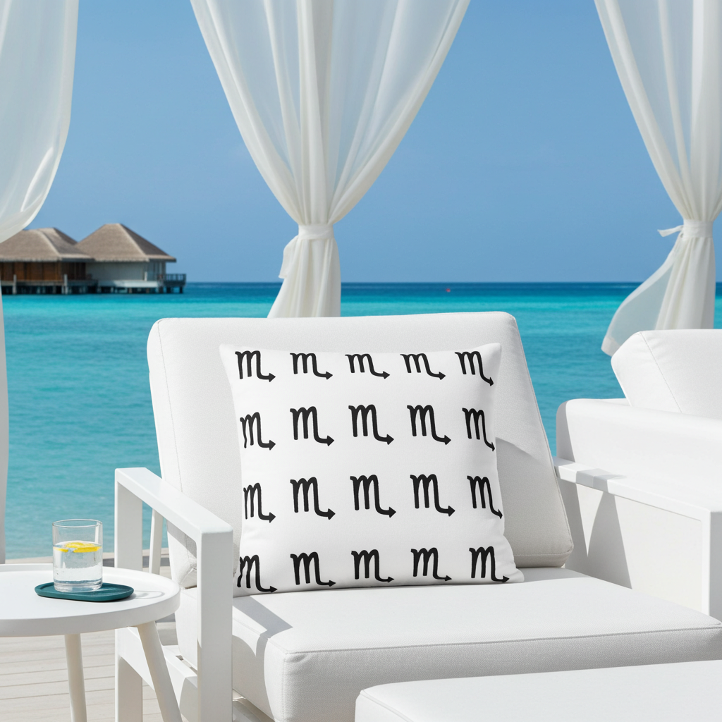 White chair with a decorative Scorpio pillow set against a scenic ocean backdrop.