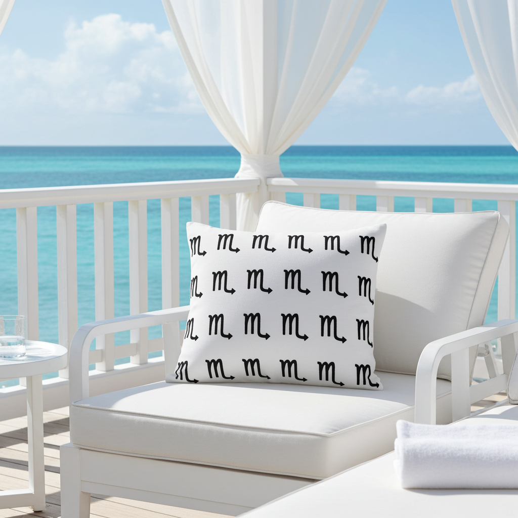White outdoor furniture with a decorative Scorpio pillow, set against a scenic ocean view.